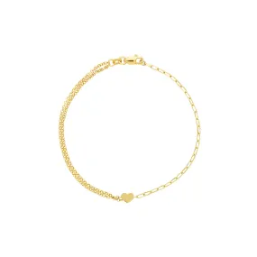 14K Yellow Gold 50/50 Paperclip & Double Rolo Heart Bracelet