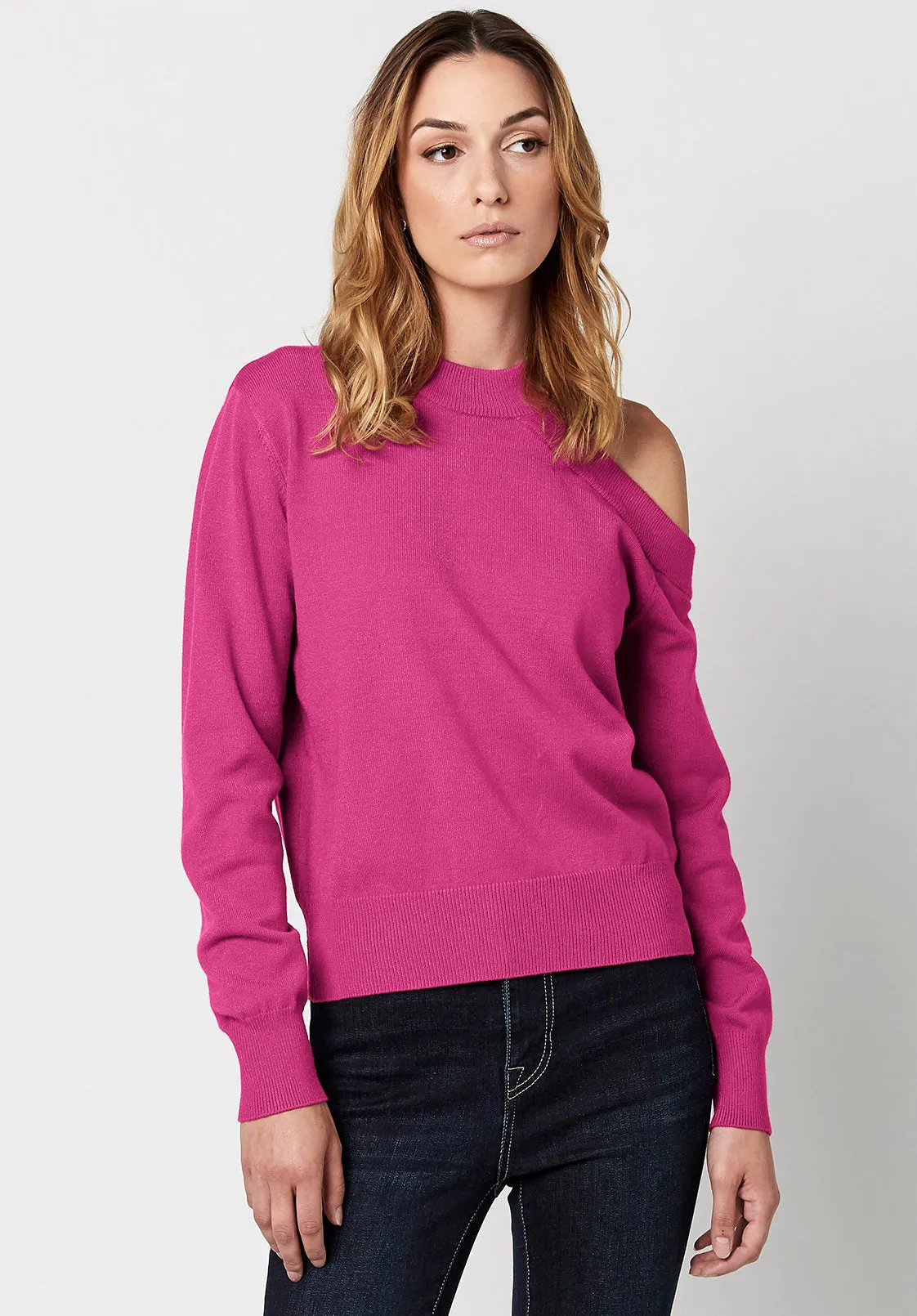 Alana Women's Cold Shoulder Sweater in Fushia - SW0617H