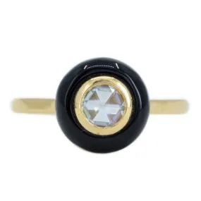 Art Deco Rosecut Moissanite With Black Onyx Halo Ring In 18k Yellow Gold