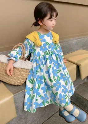 Beautiful Blue O Neck Print Cotton Girls Long Dress Long Sleeve XZ089