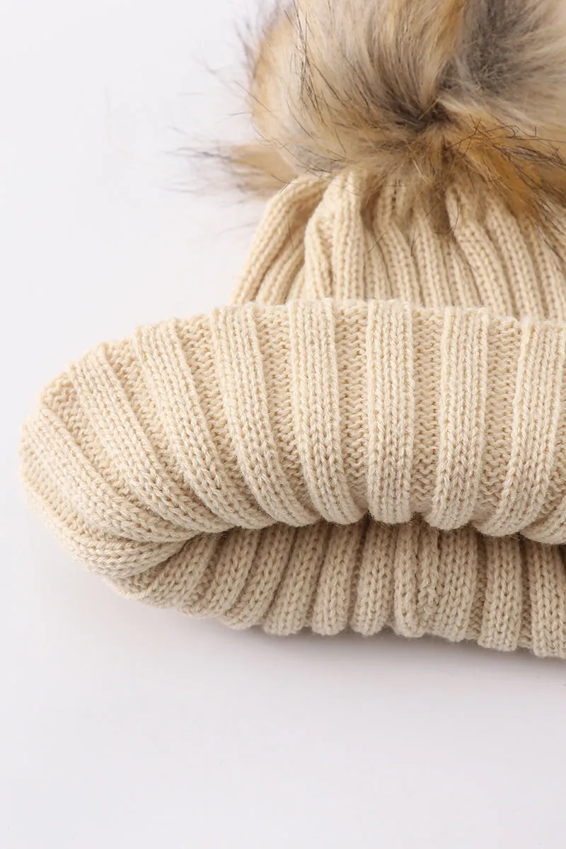 Beige knit pom pom beanie hat baby toddler adult