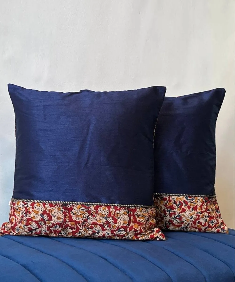 Blue handpainted kalamkari dupion silk cushion cover