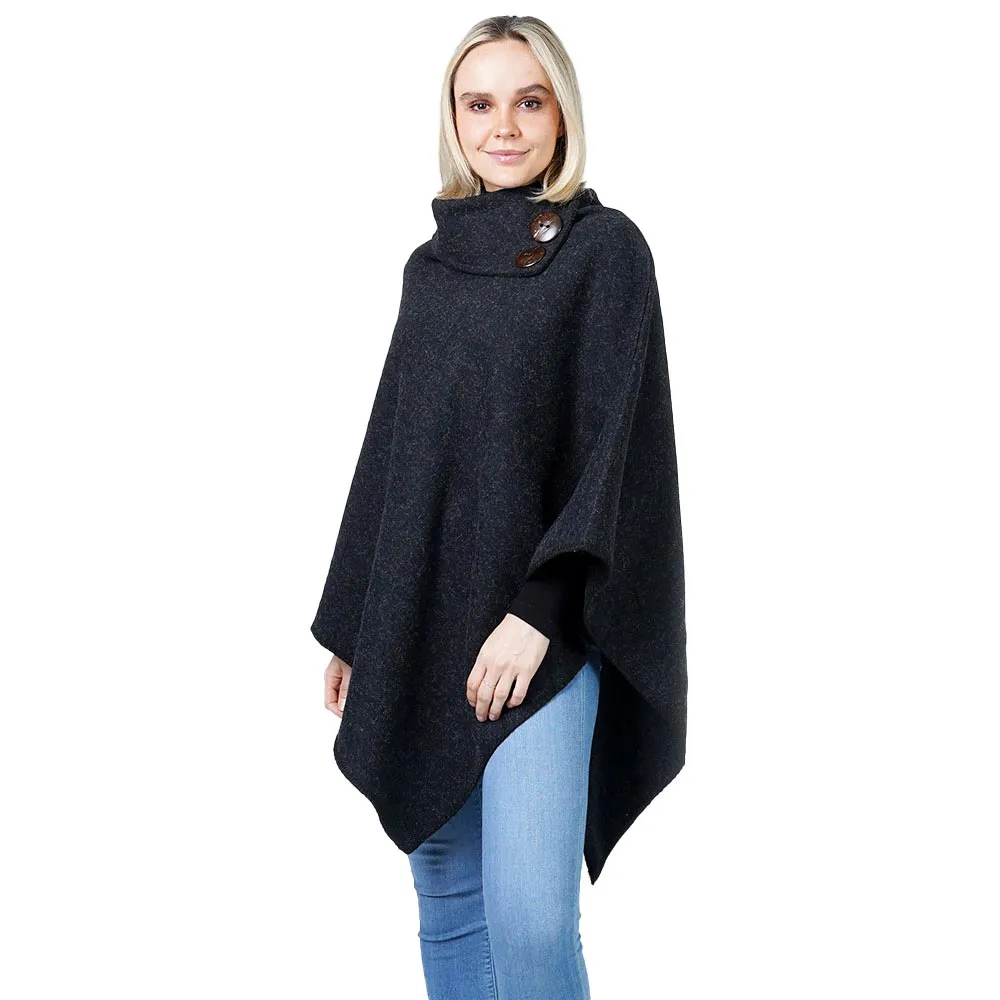 Button Deco Collar Poncho Ruana Wrap