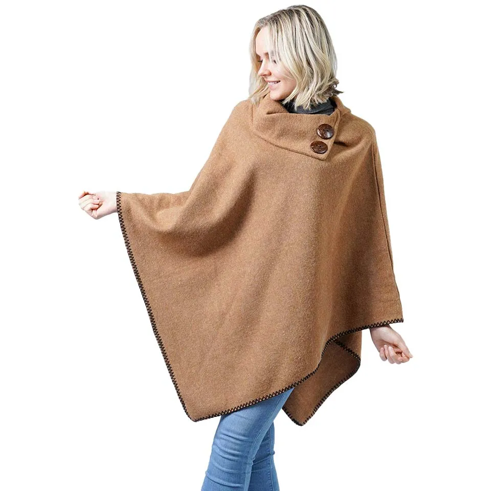 Button Deco Collar Poncho Ruana Wrap