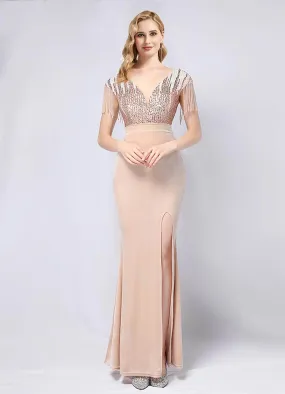 Champagne Gold Velvet Sequin Tassels Mermaid Maxi Formal Gown With Slit