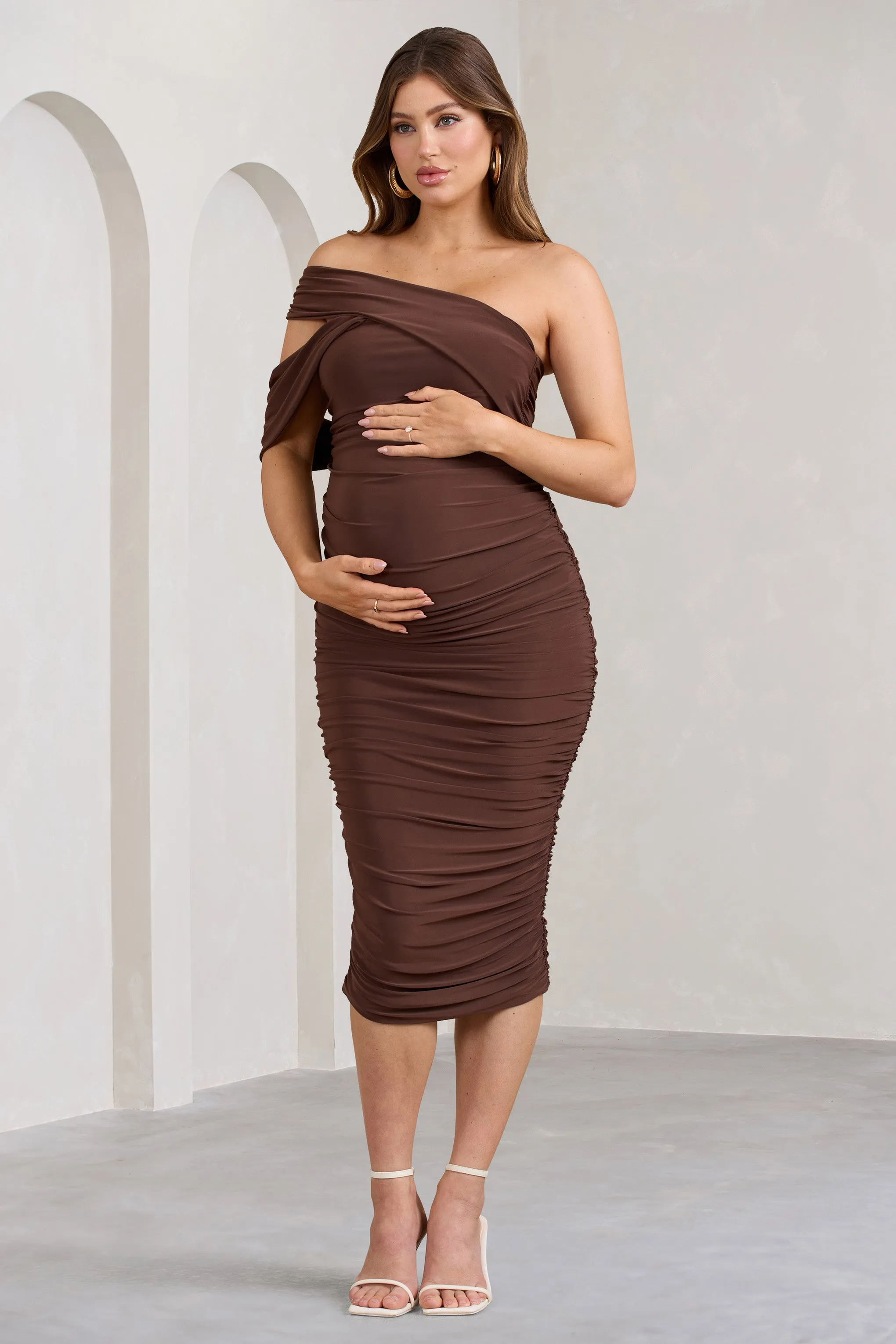 Cici | Brown Asymmetric Ruched Maternity Midi Dress