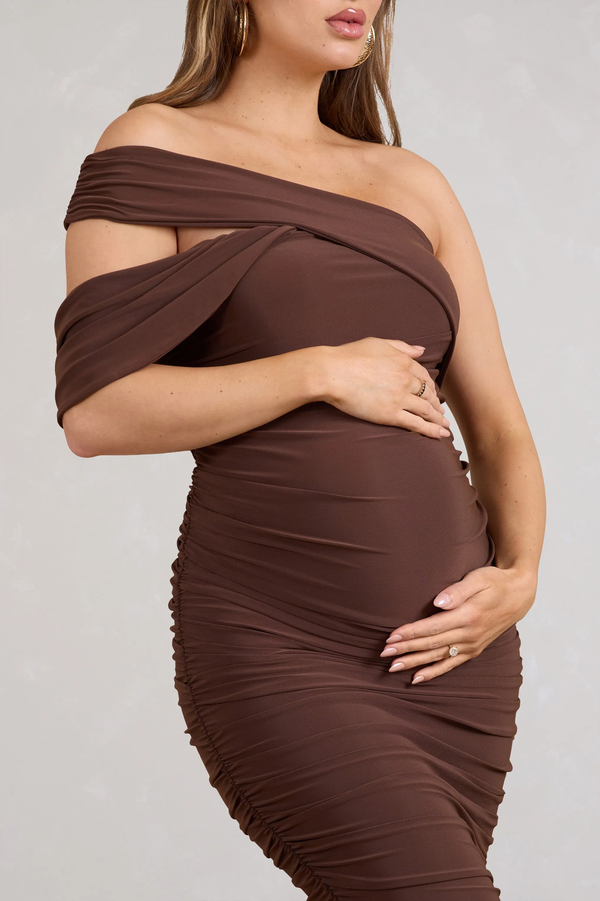 Cici | Brown Asymmetric Ruched Maternity Midi Dress