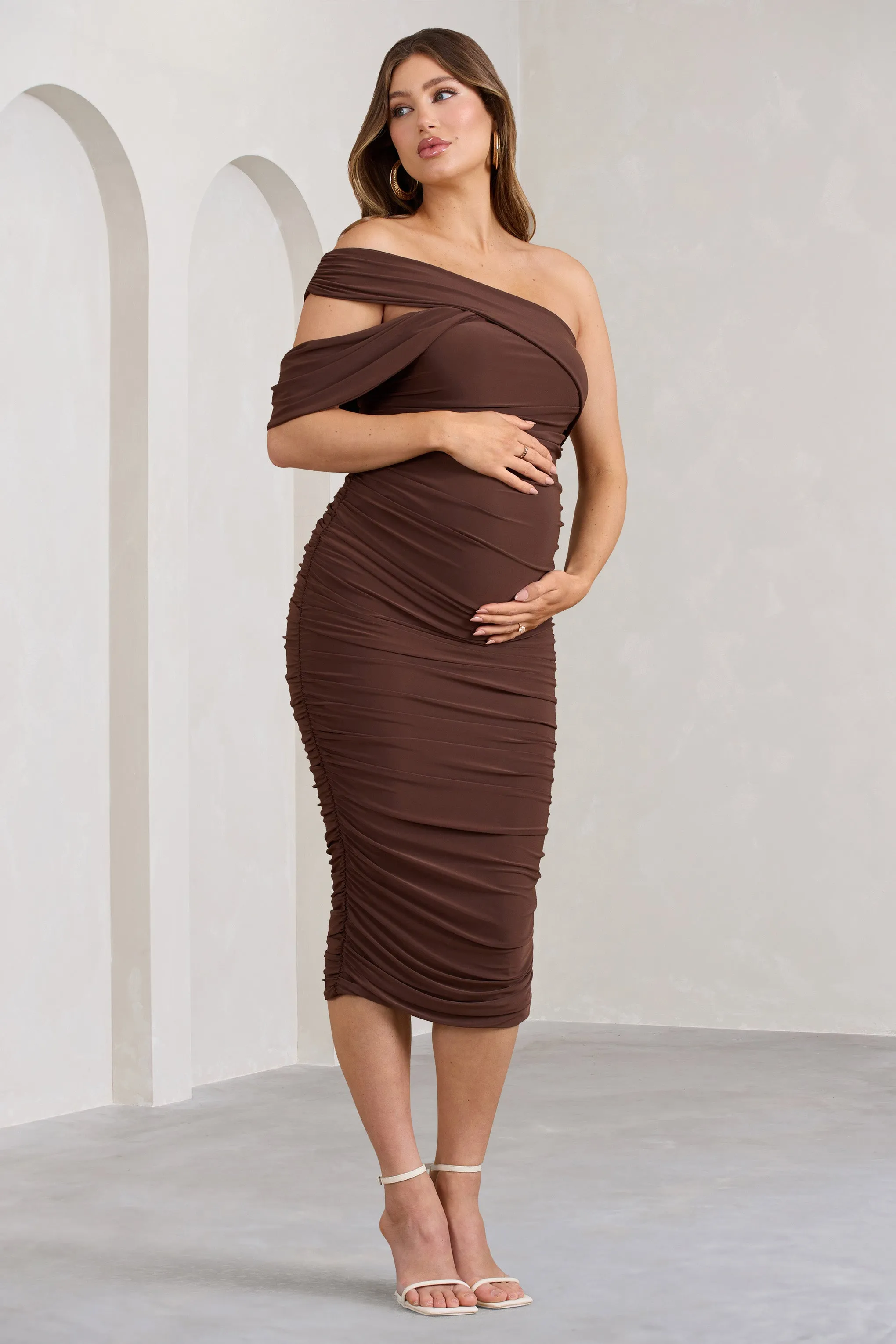 Cici | Brown Asymmetric Ruched Maternity Midi Dress