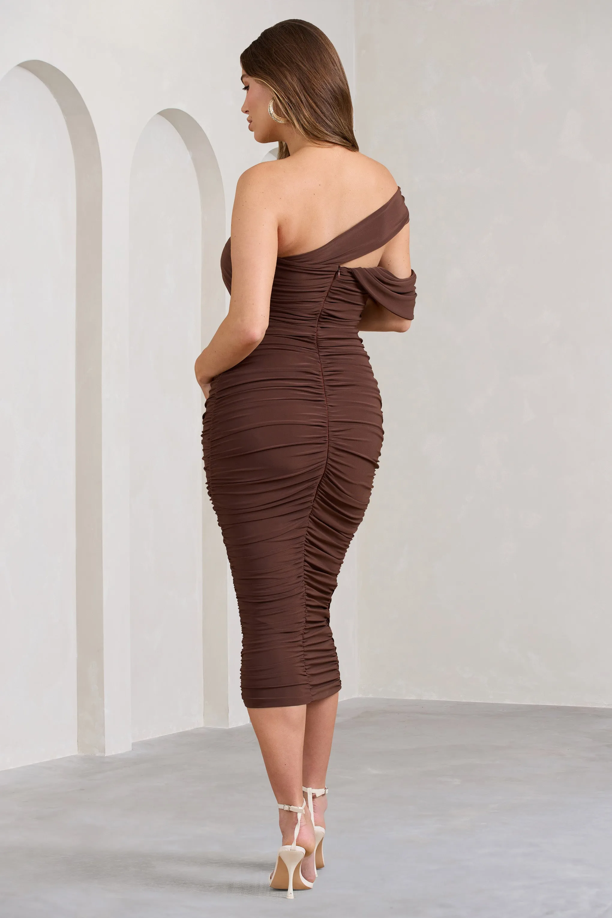 Cici | Brown Asymmetric Ruched Maternity Midi Dress