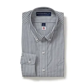 Classic Gray and White Stripe Long Sleeve Button Down Collar Shirt with Magnetic Closures