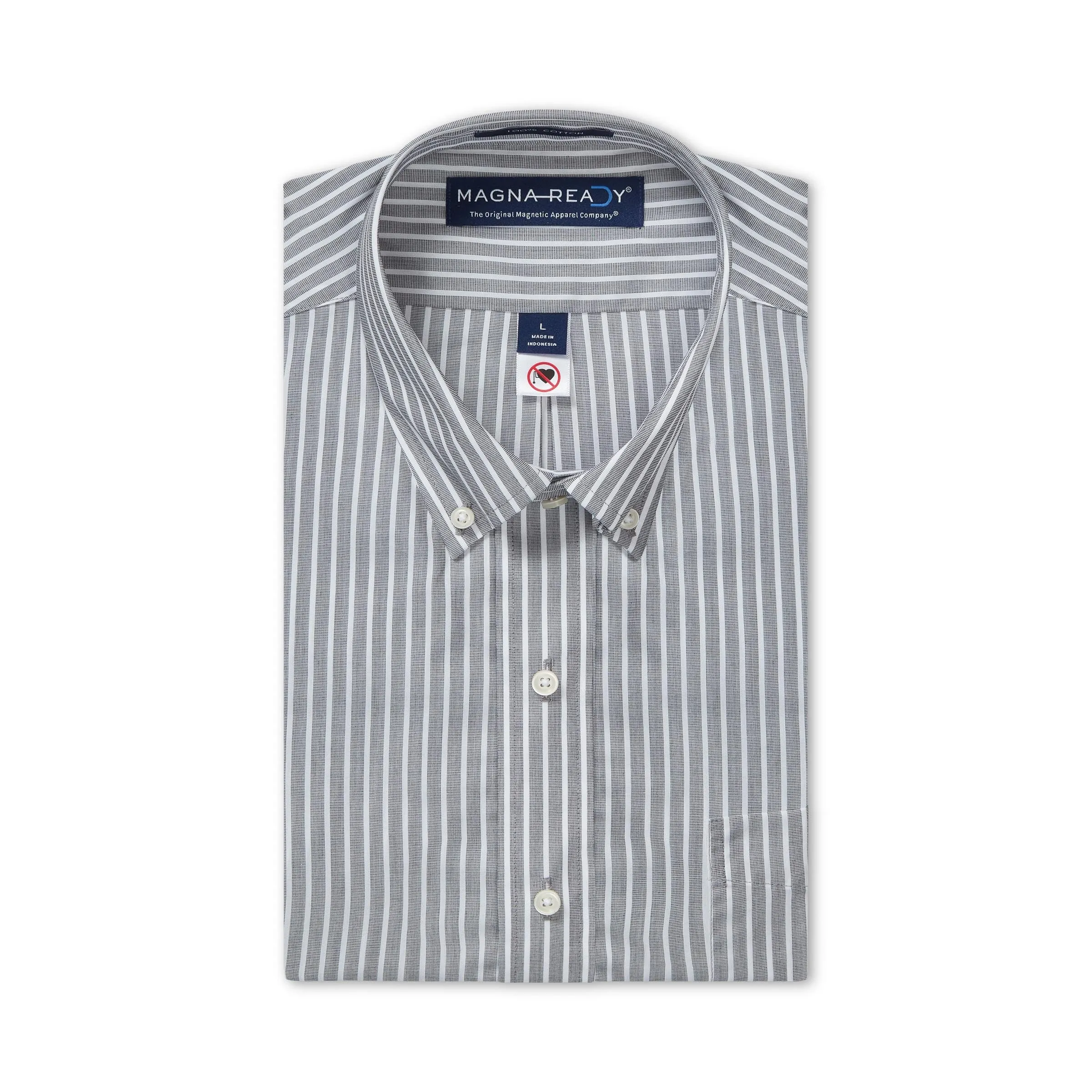 Classic Gray and White Stripe Long Sleeve Button Down Collar Shirt with Magnetic Closures