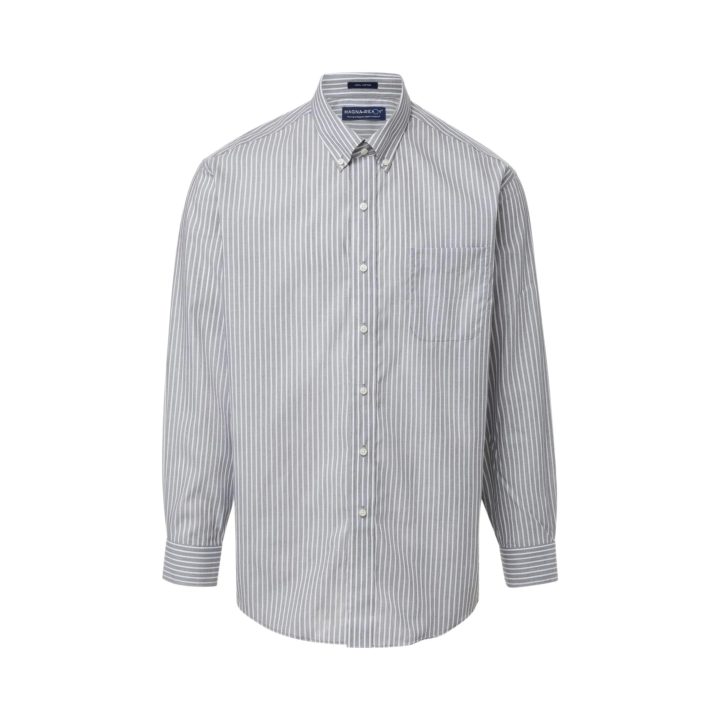 Classic Gray and White Stripe Long Sleeve Button Down Collar Shirt with Magnetic Closures