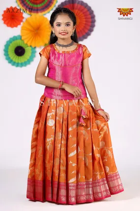 Festive Collection - Mustard Yellow Golden Feather Pattu Pavadai For Girls !!!