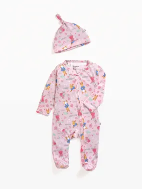 Full sleeve cute graphic in soft pink zipper sleepsuit with cap  for baby