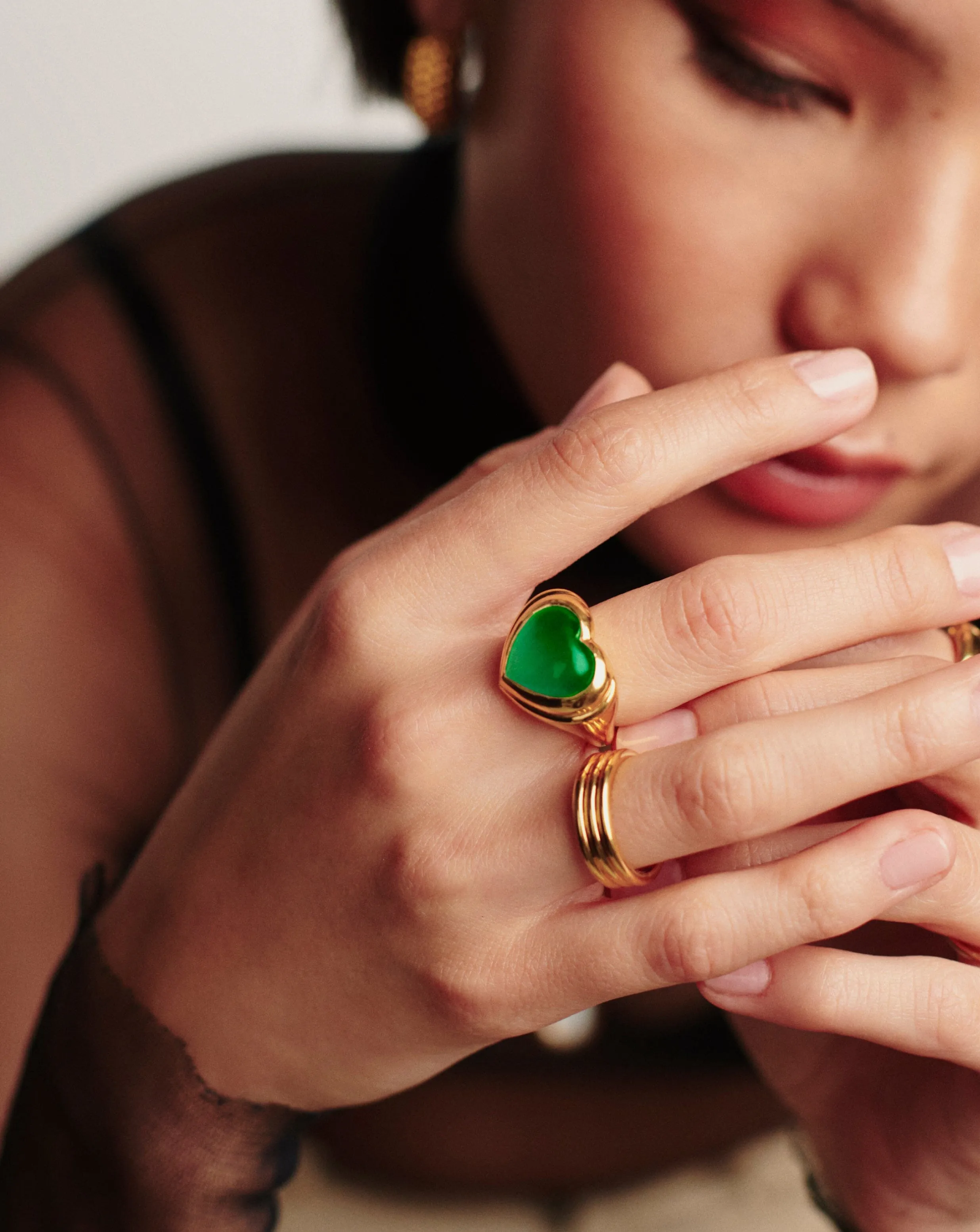 Jelly Heart Gemstone Ring | 18ct Gold Plated/Green Chalcedony