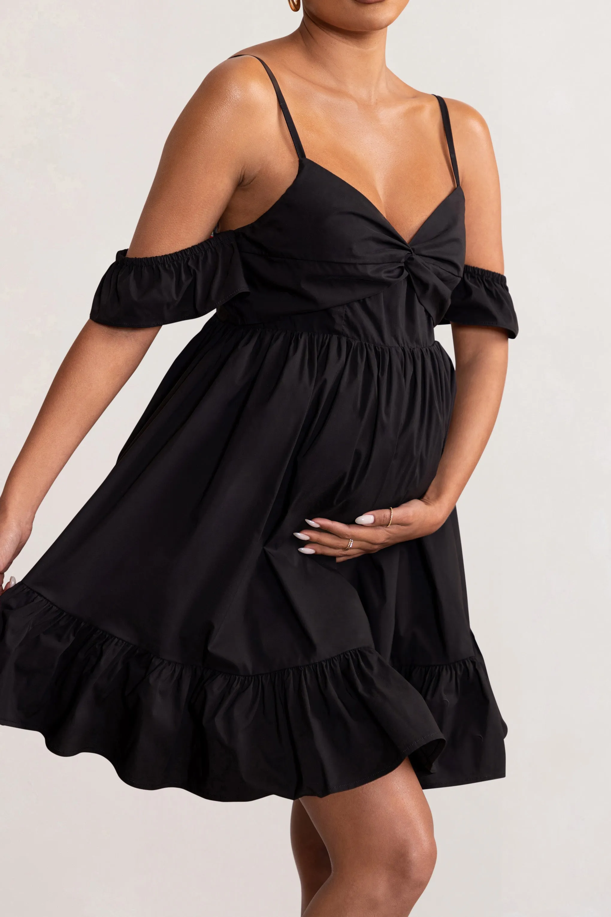 Kai | Black Cami Babydoll Maternity Mini Dress With Ruffle Cold Shoulder Sleeves