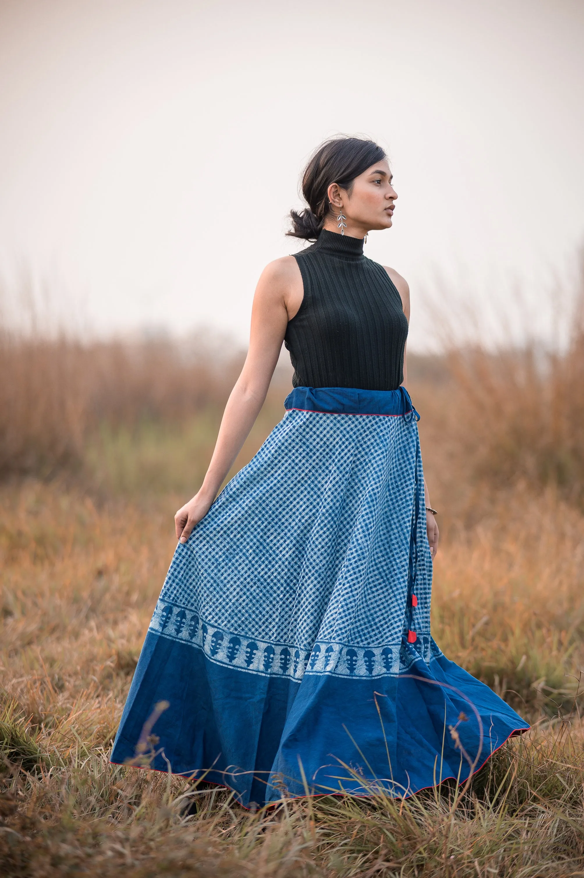 Kaisori Indigo Dabu striped handblockprinted  skirt