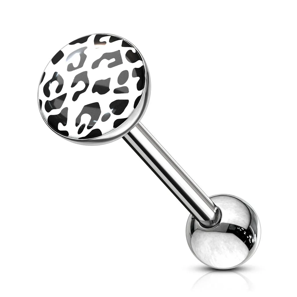 Leopard Skin Clear Epoxy Coated Logo Ball Top Barbell 316L Surgical Steel