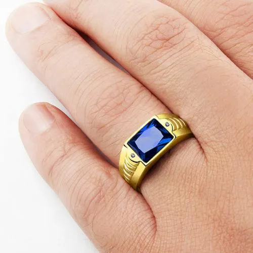 Mens Blue Sapphire Ring Solid 14k Fine Yellow Gold Genuine Diamond Ring For Him