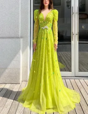 Neon Yellow Red Carpet Luxury Evening Dress