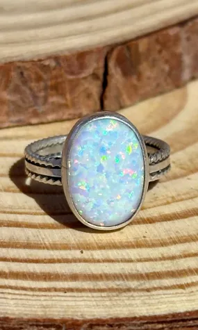 NEW LIGHT Sterling Silver and Lab Opal Navajo Ring  Multiple sizes available