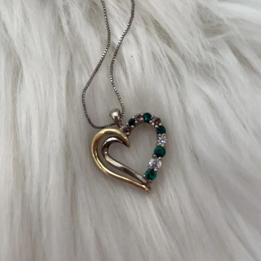 NWT 18 Emerald & White Topaz 10K Gold & SS Heart Necklace