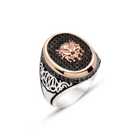 Ottoman Coat of Arms on Black Zircons Ellipse Silver Men’s Ring Siding Zircons and Curvy Pattern