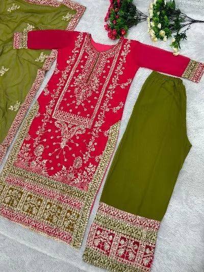 Pink & Green Faux Georgette Designer Suit Set