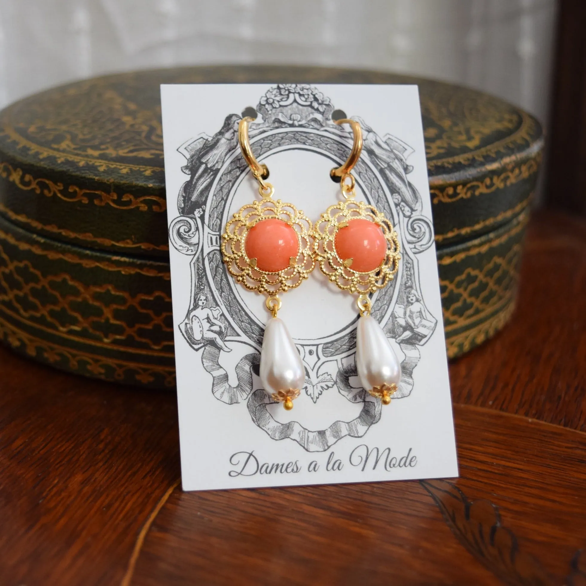 Renaissance Coral, Filigree, and Pearl Earrings