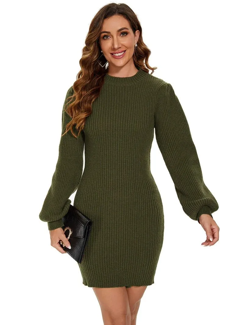 Round Neck Long Sleeve Mini Bodycon Sweater Dress