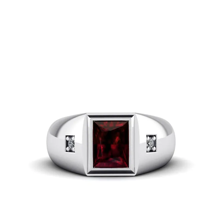 Ruby Pinky Ring Solid White Gold and 0.06ct Natural Diamonds Men's Classic Jewelry Accessory