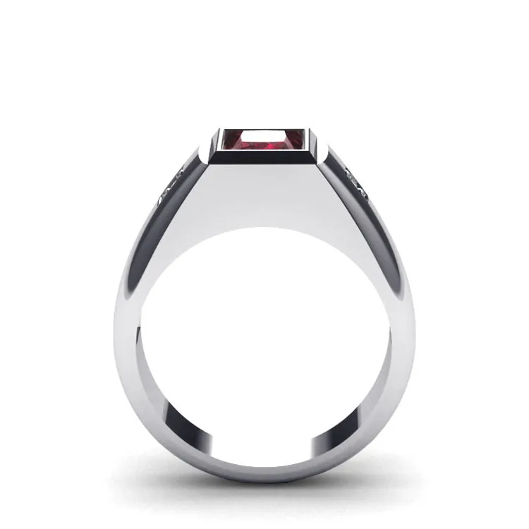 Ruby Pinky Ring Solid White Gold and 0.06ct Natural Diamonds Men's Classic Jewelry Accessory