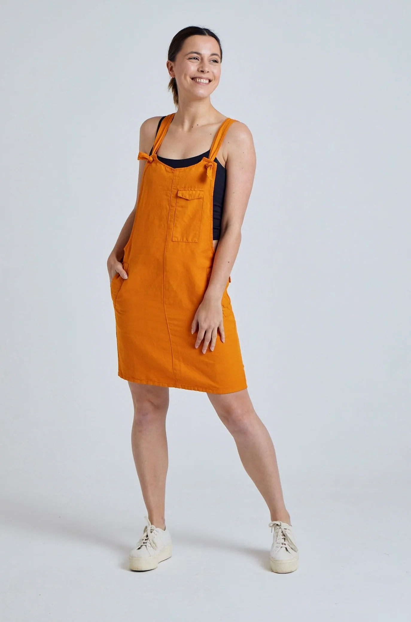 Sun Orange Peggy Pocket Dungaree Dress - GOTS Certified Organic Cotton and Linen