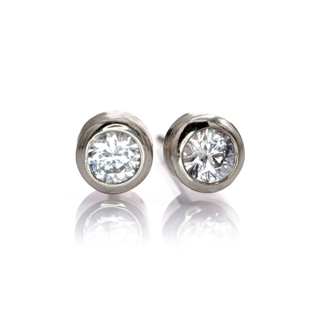 White Sapphire Gold or Platinum Bezel Stud Earrings